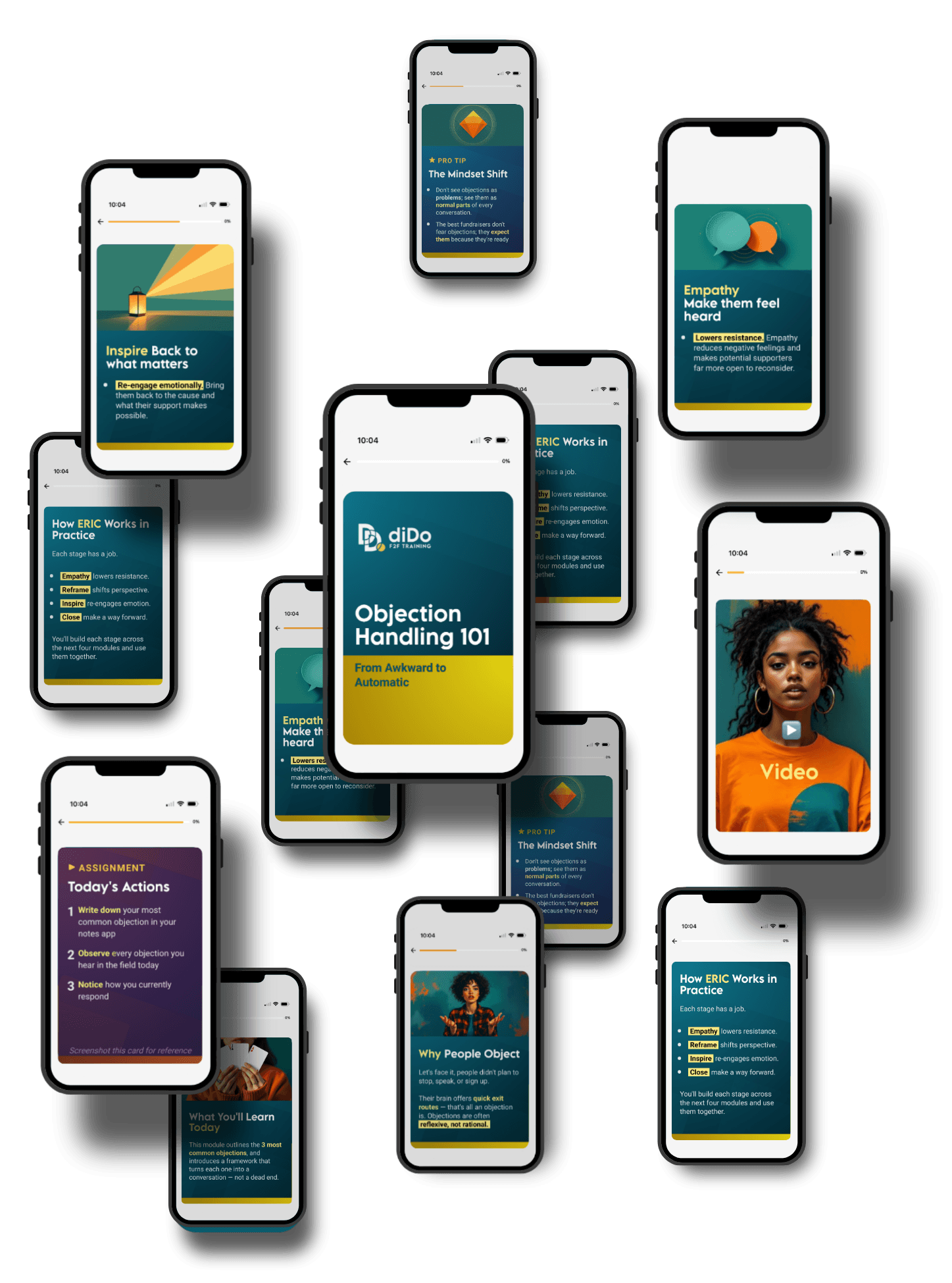 A collage of dido mobile training lessons shown on phones